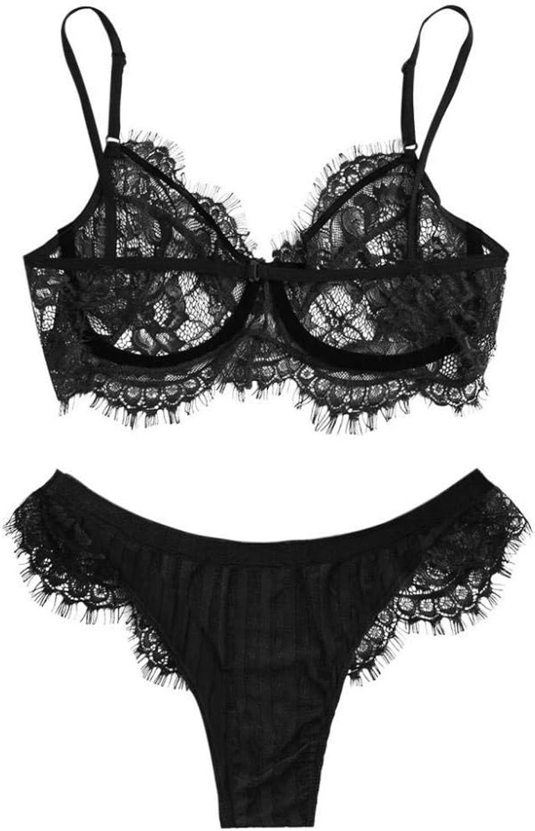 Dameskostuums Dames sexy lingerie transparante kanten bh string set-Black_XL
