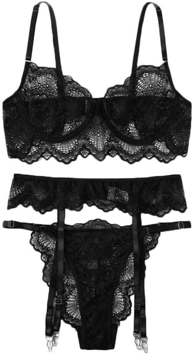 Babydolls, nachtjaponnen & negligés dames Vrouwen Erotische Kanten Lingerie Porno Sexy Kanten Beha String Verleiding Kousenband Ondergoed Dames Nachtkleding Set-Black_3XL