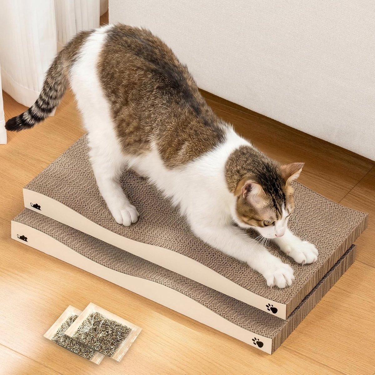 Krabmat voor Katten van Golfkarton, Stevige en Duurzame krabplank van karton Kraskarton met Dubbelzijdig Gebruik, Recyclable en Met Kattenkruid 2stuks