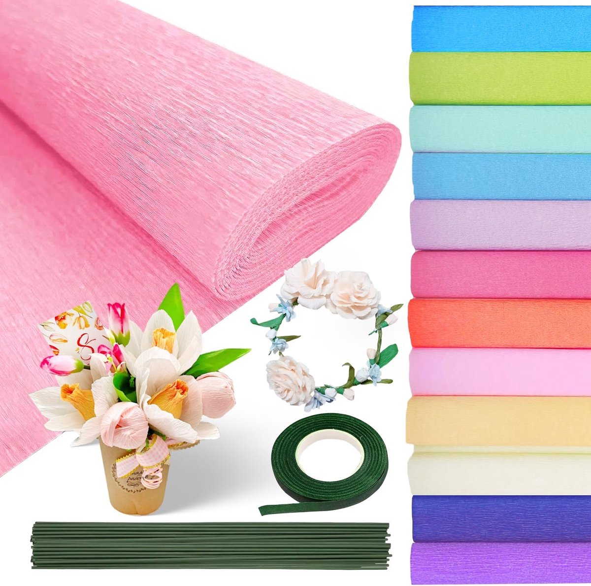 Crêpepapier veelkleurig 25x250cm doe-het-zelf crêpepapier rollen met groene kabel bloemenlint voor het maken van Valentijnsdag doe-het-zelf bloemenpapier ambachten