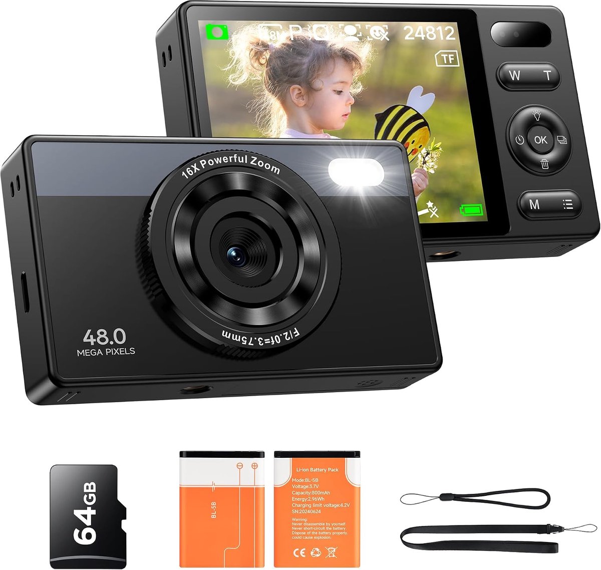 64 GB digitale camera voor kinderen: 48 MP anti-shake vloging-camera - 16x zoom, fotofiltratie, continu fotograferen, zelfontspanner, compact ontwerp