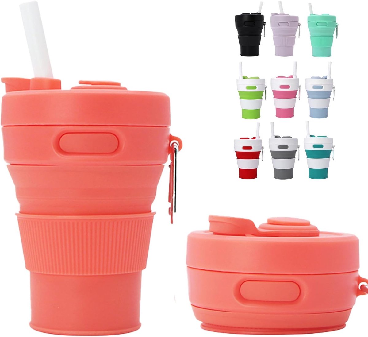 Inklapbare koffiebeker met deksels, 450ml/15oz oranje siliconen draagbare herbruikbare koffiemok, opvouwbare koffiebeker voor kamperen en reizen past in je zak (klapt samen tot 6 cm)