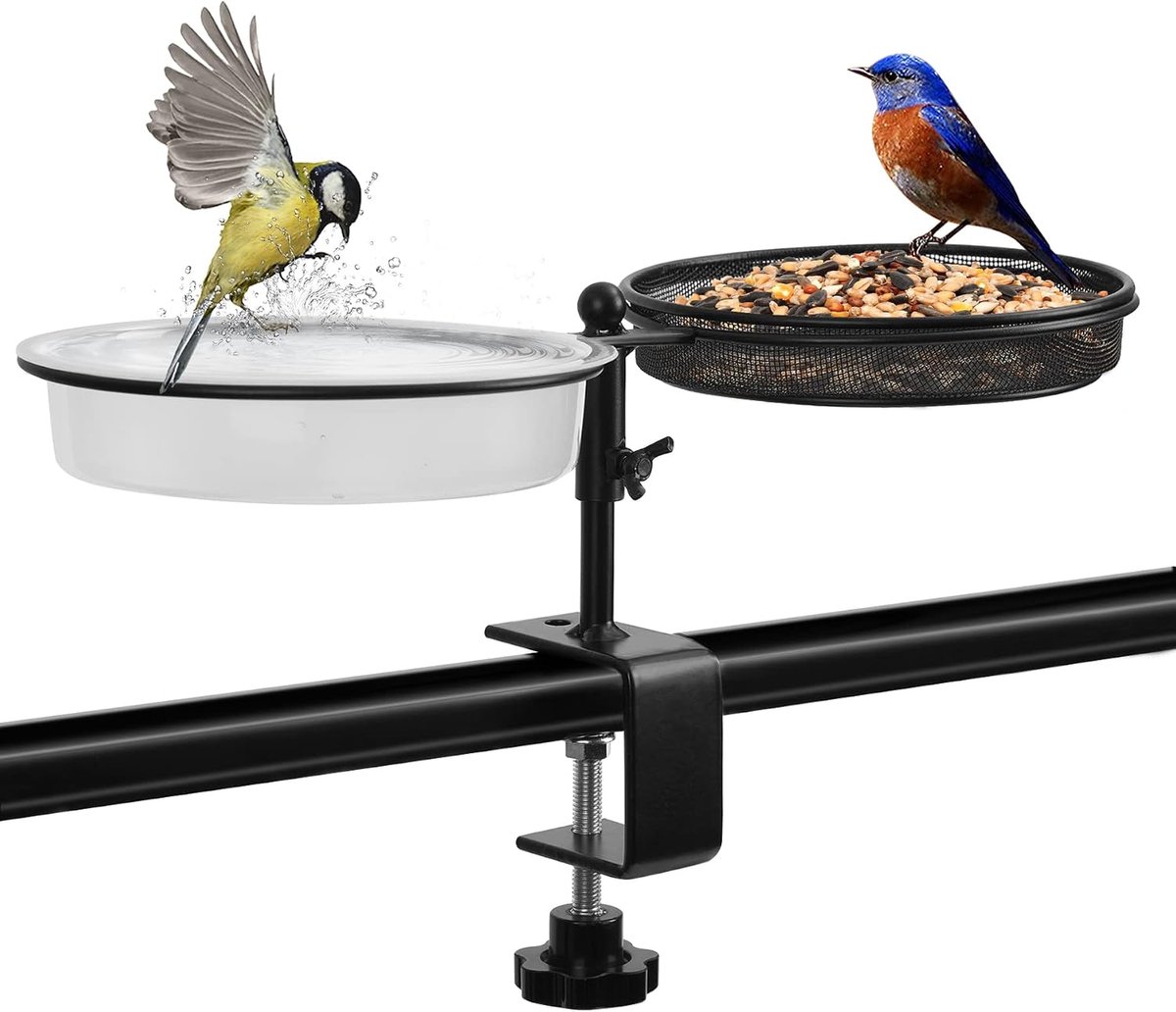 2-in-1 bad en voederstation met klemhouder voor balkonleuning, vogelvoerdispenser, vogelbad, vogelbad in de tuin of balkon