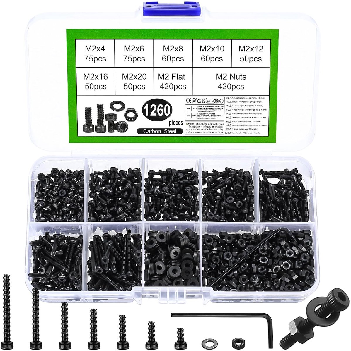M2 Zeskant Schroevenset, Inbus, Moeren, Cilinderkop, Sluitringen, Schroefdraadbouten, Set met Moeren, Zwart Assortiment Machineschroeven, 1260 Stuks