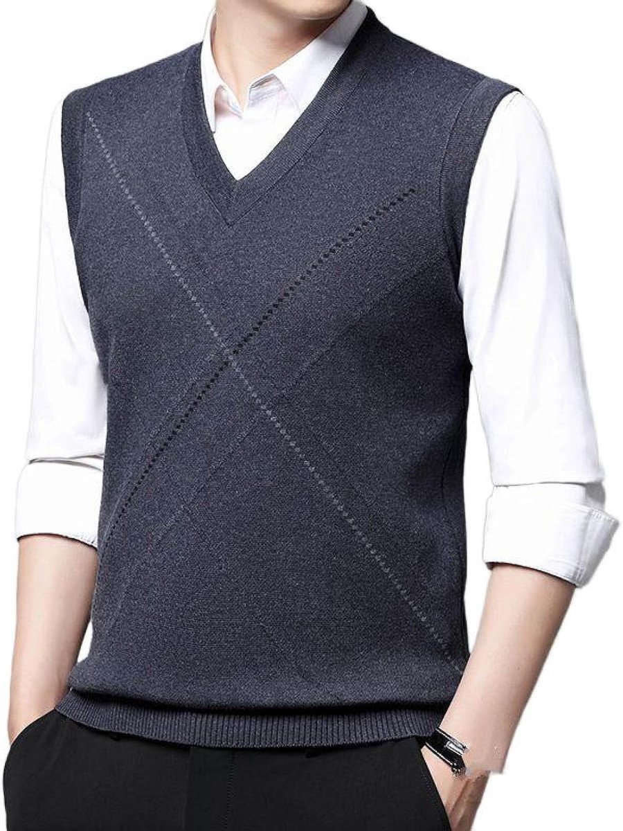 Vest Voor Heren Met V-Hals, Klassiek Gestreept Gebreid Vest Met Contrasterende Kleuren, Casual Gebreid Vest Met Dieptepunt, Klassiek Zakelijk Herengebreid Vest, Trui-Tanktops, Midde