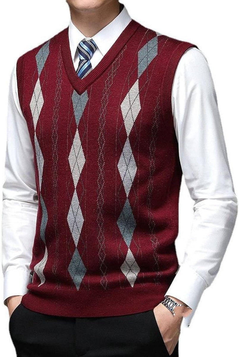 Argyle V-Hals Gebreid Vest, Klassiek Mouwloos Casual Geruite Print Pullover Trui Vest Kleurcontrast Dieptepunt Shirt, Business Gentleman Knitwear Gebreide Trui Tanktops, Wijnrood, S