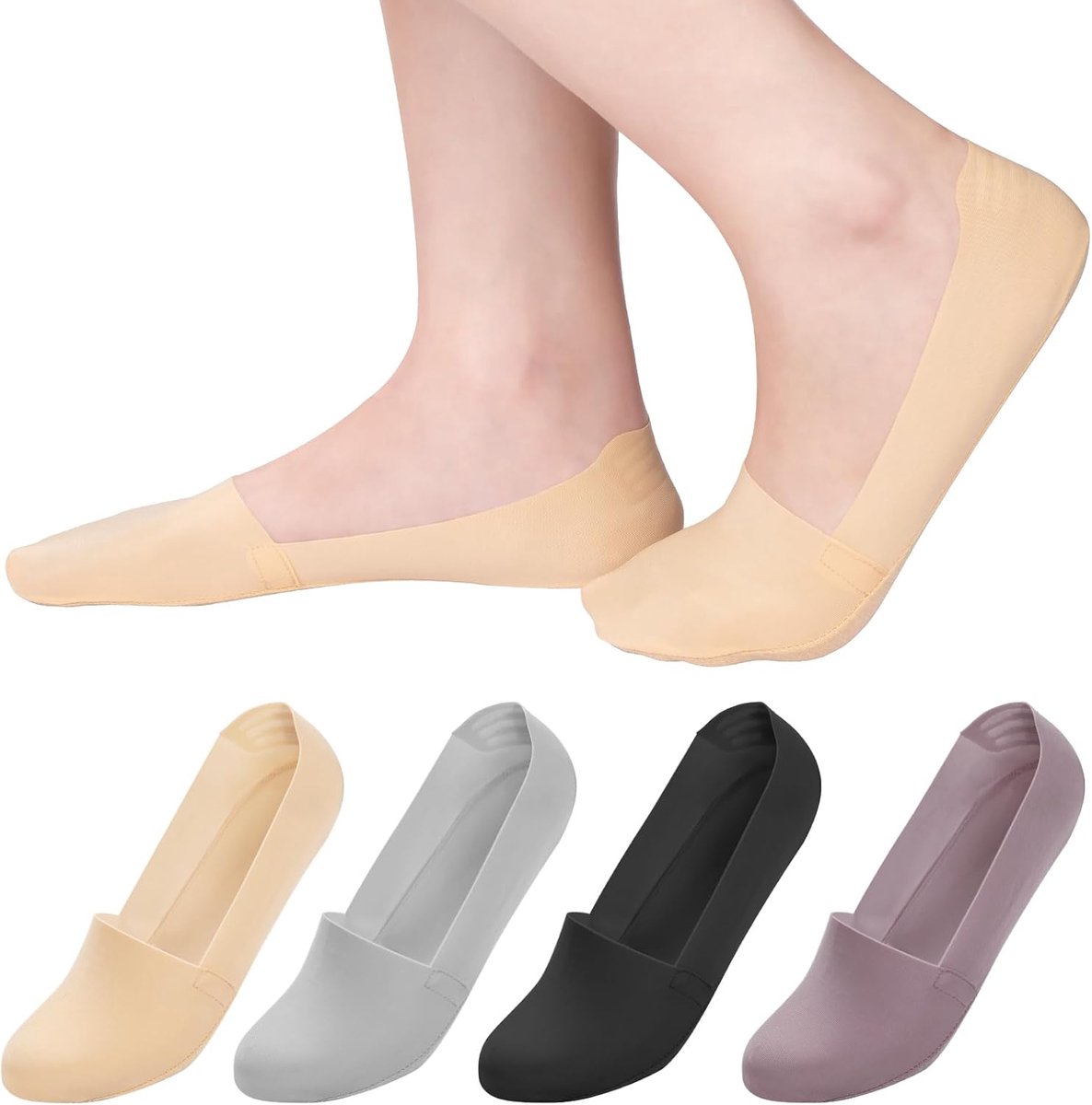 Sokken, onzichtbare sokken met antislip siliconen, korte sokken, laag, voetbescherming, katoen, onzichtbare zijden sokken voor lente, zomer, herfst, 4 paar, zwart, grijs, paars, naakt, 35-39