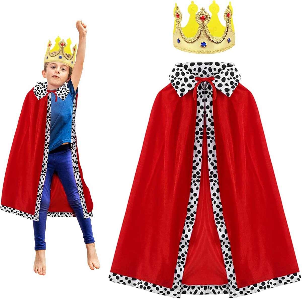 2-delig koningskostuum voor kinderen, jongens en meisjes, rode cape met kroon, ridderkostuum voor kinderen, middeleeuws kostuum voor Halloween, carnaval, cosplay, 80 cm