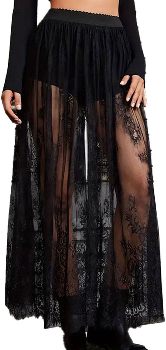 Rok met halftransparante kant voor dames, sexy 2-in-1 van transparant mesh, elastische taille, maxi-lijn, onderrok, tule, shorts, kleding, festival, disco, zwart, maten S-XL