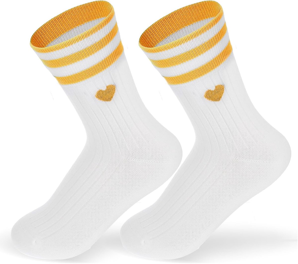 Sokken dames 36-43, katoenen witte retro tennissokken met hartjes, ademende katoenen sokken meisjes, tieners (geel)