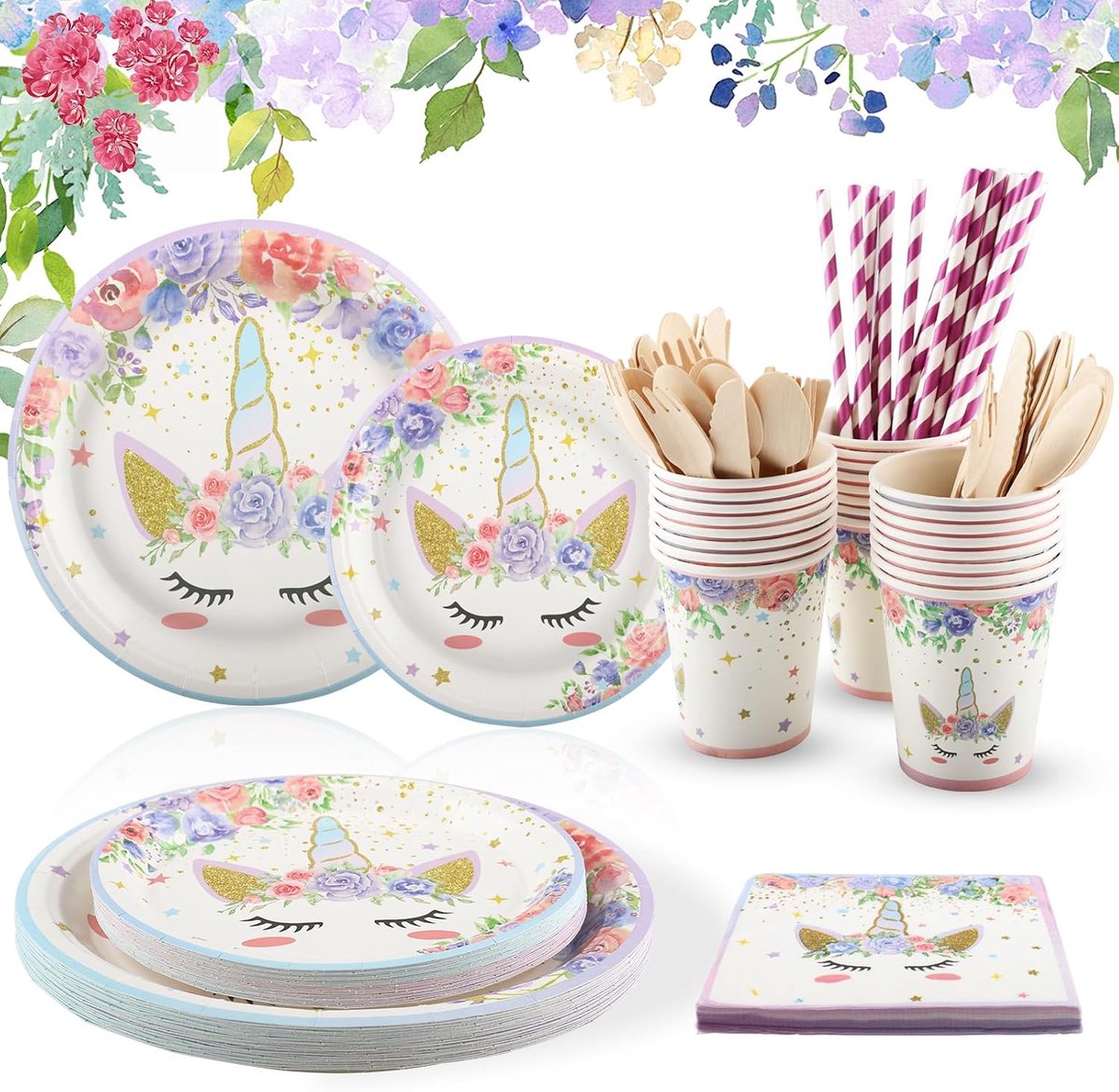 Partyservies voor 25 kinderen, 200-delige set met papieren borden, servetten, papieren bekers, rietjes, vork, mes, lepel, roze, verjaardagsfeestdecoratie