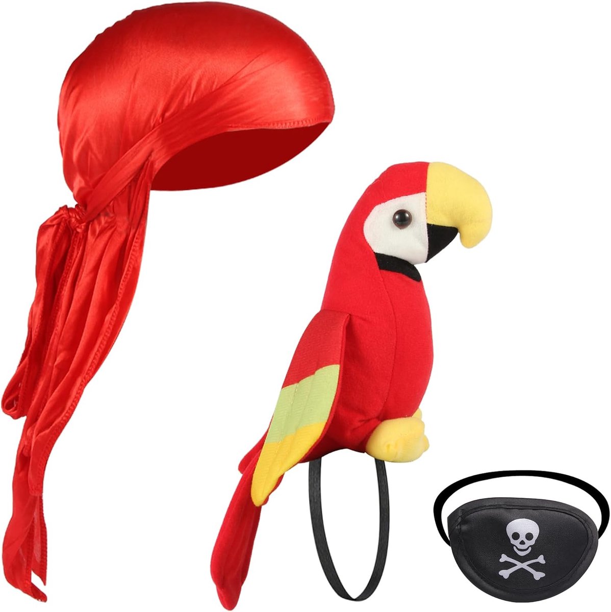 Accessoireset – Pluche Schouderpapegaai, Bandana, Ooglapje & Reinigingsdoek – 3-delige Piratenkostuumset voor Kinderen & Volwassenen, Halloween, Cosplay & Verkleedpartijen