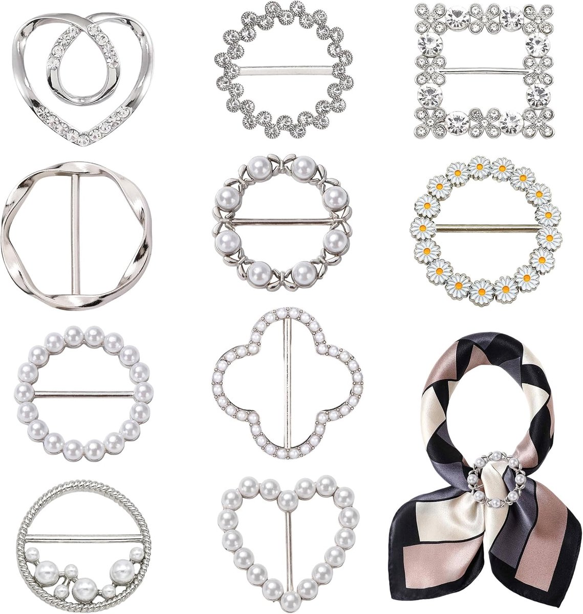 10 stuks Sjaal Ring Clip, Zilverkleurig en Wit Metalen T-Shirt Clip met Strass, Modieuze Sjaal Ring Gesp voor Sjaals T-Shirts Jurken en Kleding voor Dames