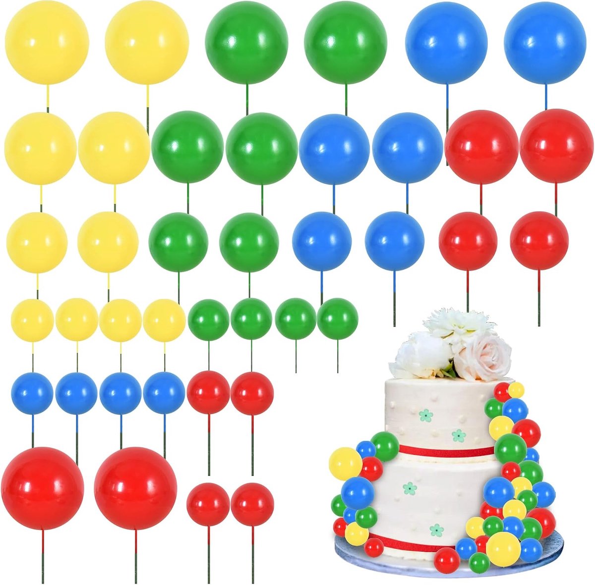 40 stuks Bal Taarttoppers Inlegballen Taartdecoraties Schuimballen Taarttoppers DIY Taartversiering voor Verjaardag Bakken Babyborrel Jubileum en Bruiloft Feest (Rood Blauw Geel Groen)