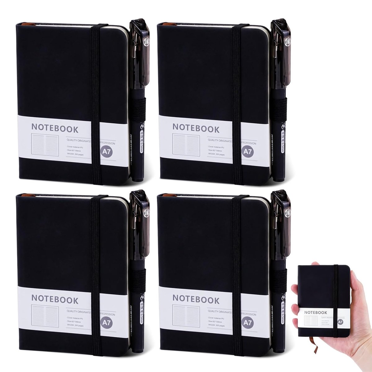 4 stuks Notitieboekje Klein, Mini Notitieblok A7, Notitieboeken met Gumsluiting en Elastisch Bandje, Zakformaat Notitieboekje, Zakboekje, Zwart voor School, Werk, Kantoor (200 Bladzijden)