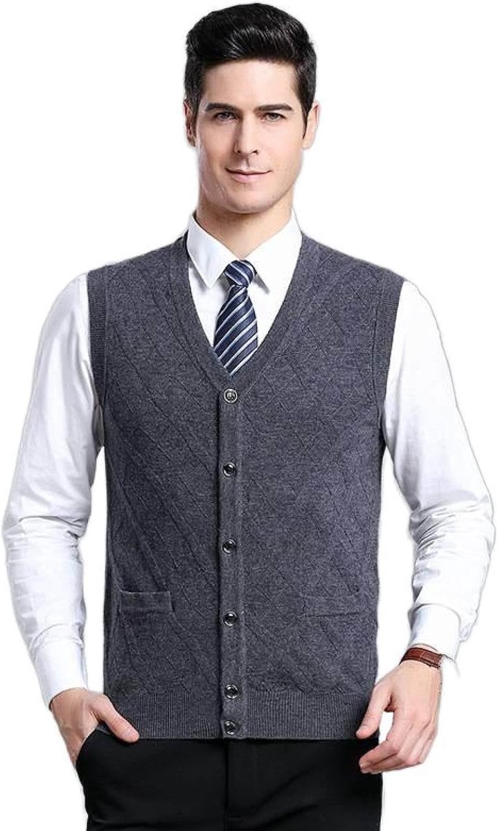 Argyle Vest Met V-Hals Voor Heren, Jeugdmode Heren Gebreid Vest Bovenkleding Casual Trendy Trui, Klassiek Zakelijk Heren Breigoed Gebreid Vest Trui Vest Tanktops, Lichtgrijs, S