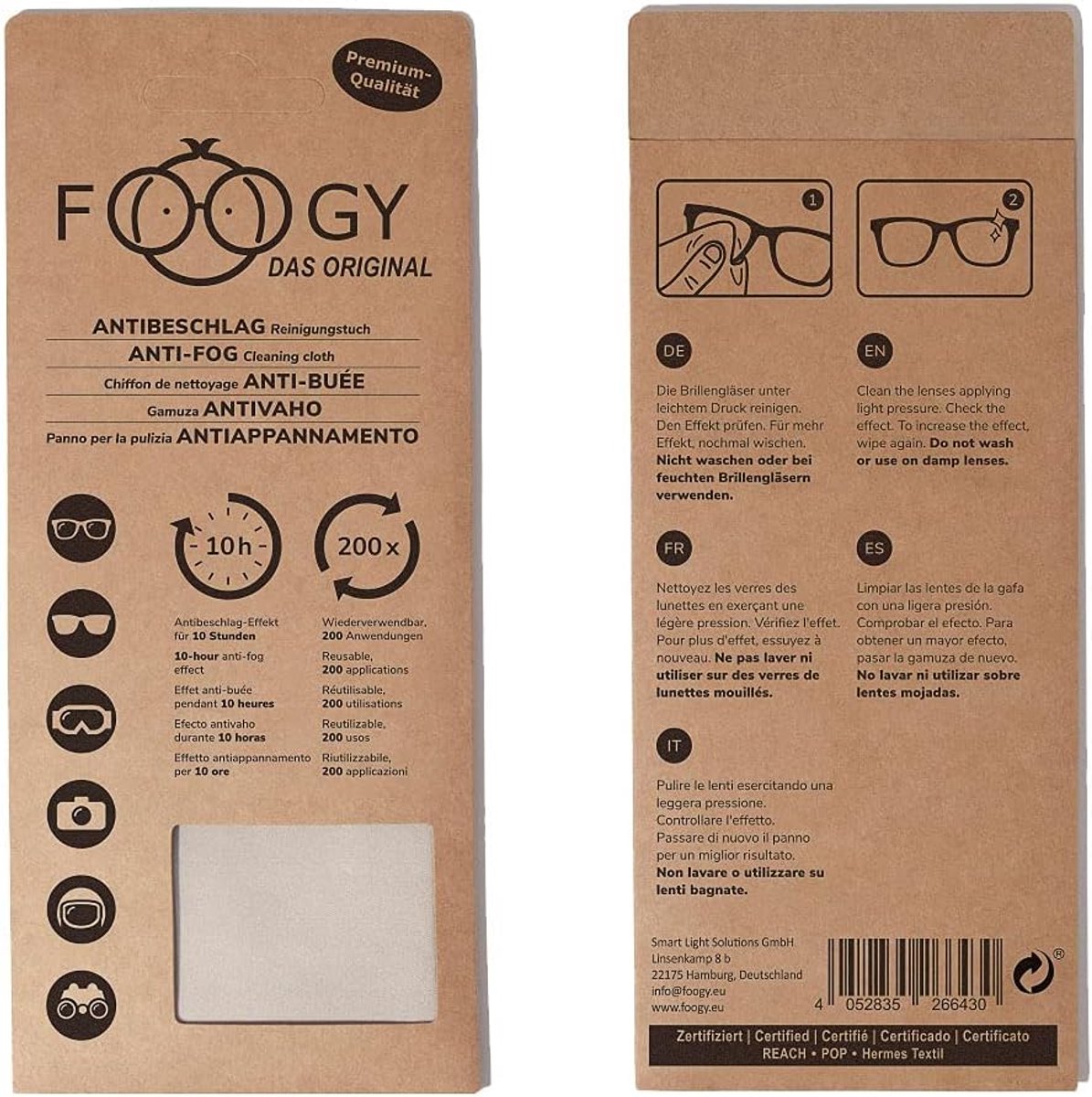 SnelShoppen - FOOGY Anti-fog doek, microvezel brillendoek, grijs, anti-fog effect, geen spray nodig, tot 200x gebruik, voor brillen, zonnebrillen, dui