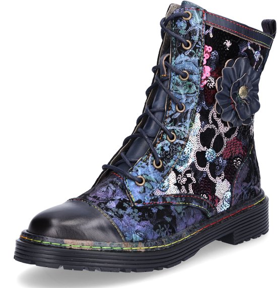Botte bleue à imprimé floral, paillettes, lacets et détail nœud. Coutures colorées.