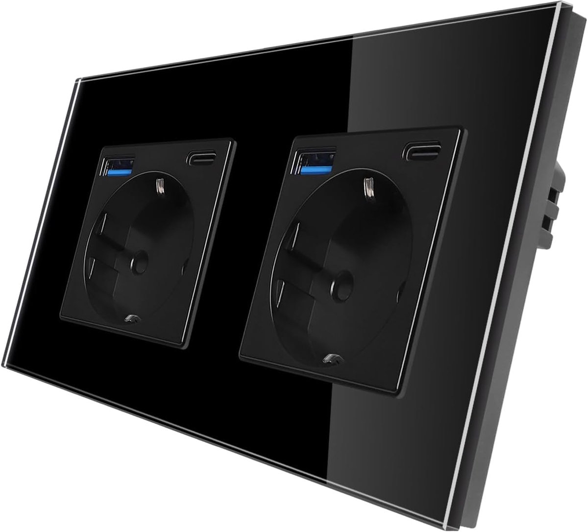 SnelShoppen - Dubbele Wandcontactdoos met USB A en Type C, 3-in-1 Schuko Stopcontact, 16Amp Glazen Socket, Zwart, Voor Huishoudelijke Apparaten, Makke