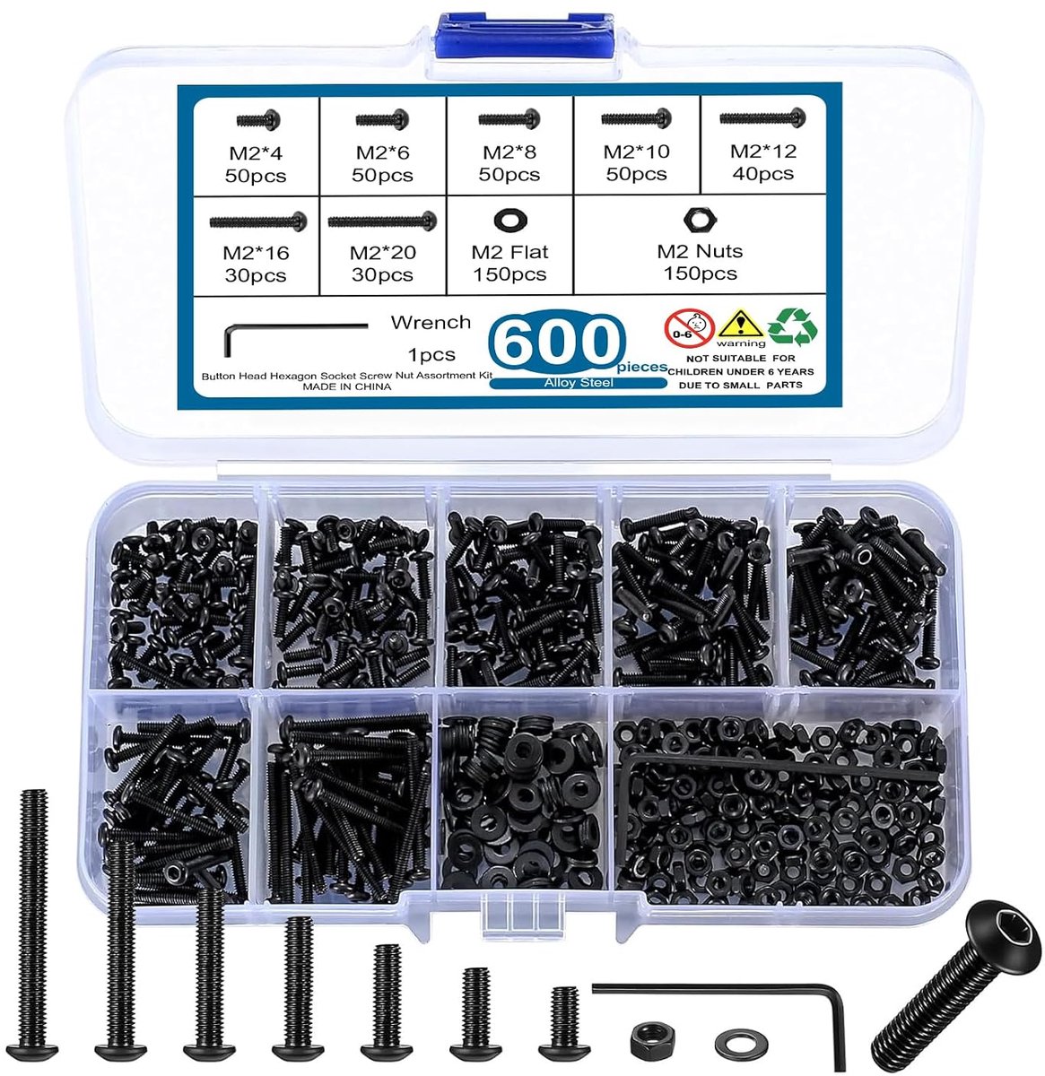 600-delige M2 schroevenset, zwarte ronde binnenzeskantschroeven met moeren en sluitringen, assortiment machineschroeven