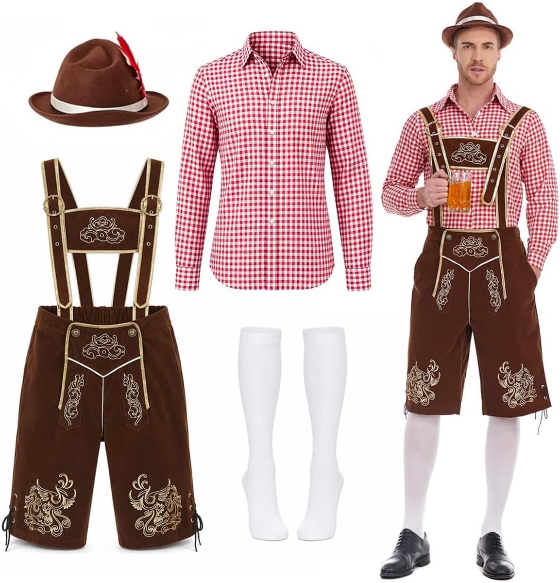 Herenoutfit, 4-delig Oktoberfestkostuum, klederdracht, Oktoberfest-kleding met Beierse klederdrachtbroek met bandjes, hemd, sokken, hoed voor Halloween, party, bierfeest, volksfeest