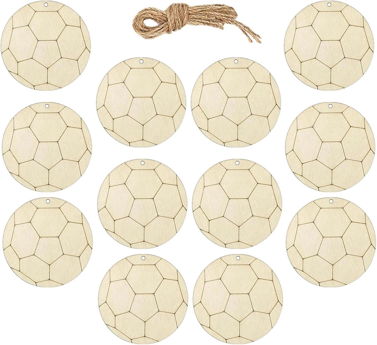 30 Stuks Houten Voetbalvormen voor Knutselen Onbewerkt Afgewerkt Natuurlijke Houttextuur met Touw Krasbestendige Voetbalversieringen voor Voetbalfeestdecoratie DIY Projecten