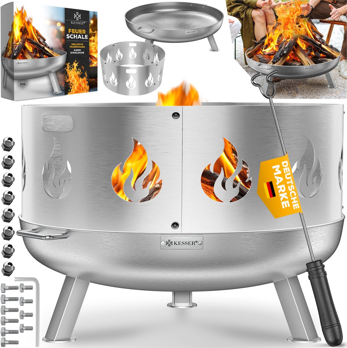KESSER® Vuurschaal met vonkenscherm - roestvrij staal - met gietijzeren pook - Ø 60 cm