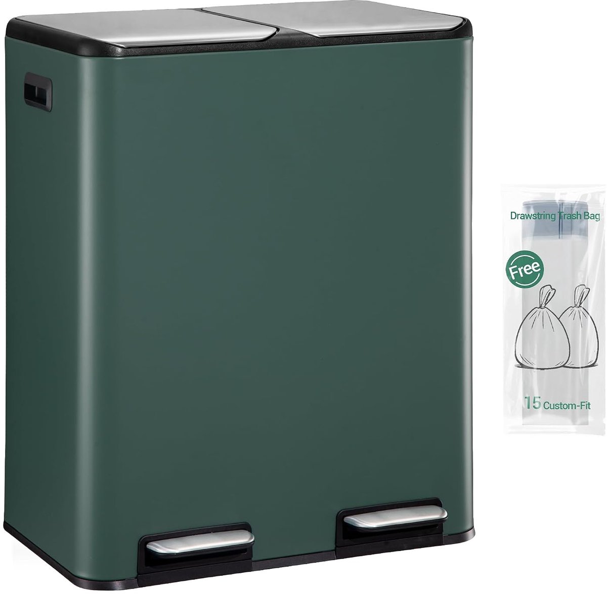 Afvalemmer keuken, 2 x 30 l, afvalscheidingssysteem 2 vakken 60 l, roestvrij stalen keukenafvalemmer, pedaalemmer, afvalemmer rustig langzaam afval, met 15 exclusieve afvalzakken, donkergroen