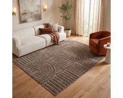 Tapiso Vloerkleed Linea 3D Patchworkpatroon - Taupe Bruin - Modern Design - Woonkamer 200x300