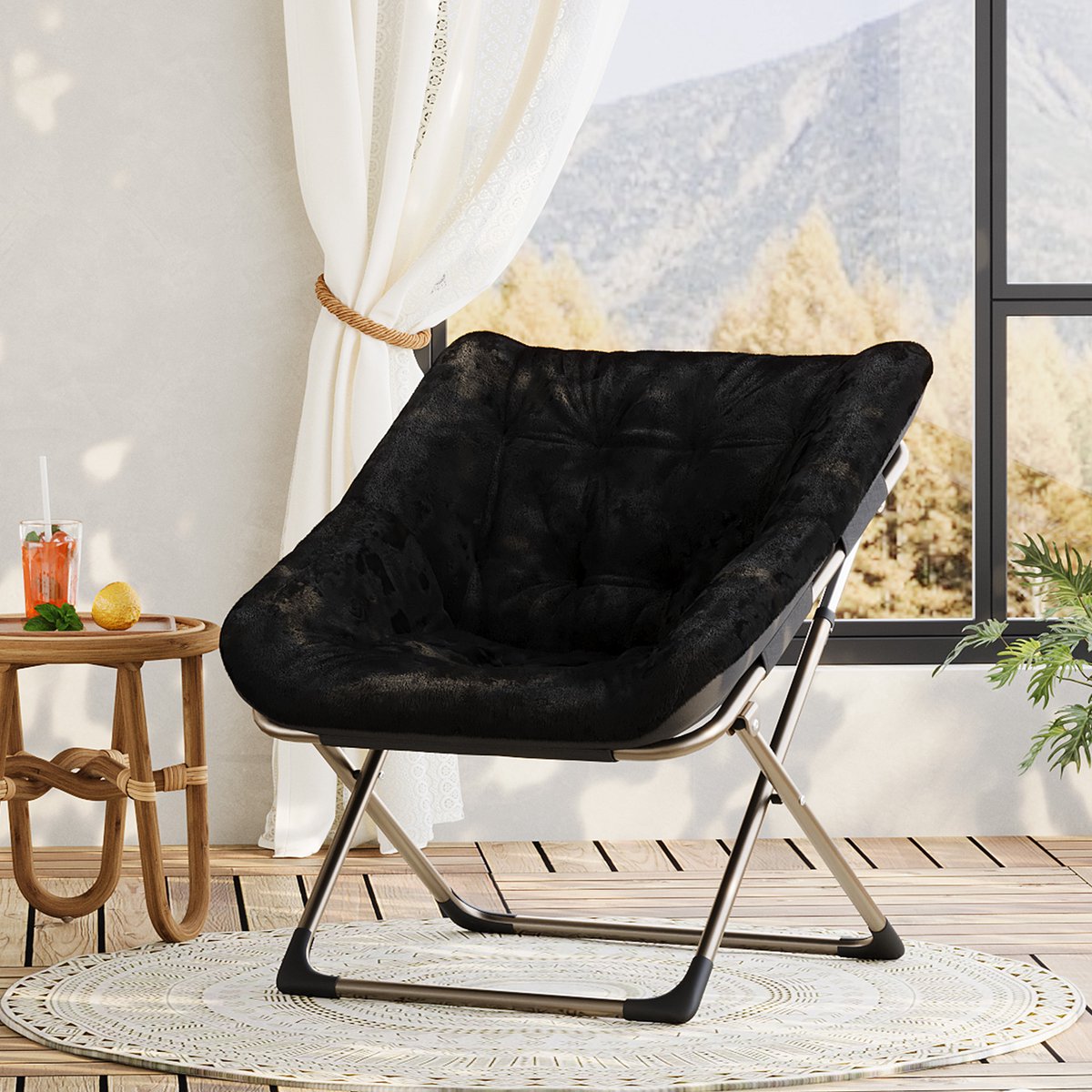 Loungestoel Rond Opvouwbaar - Zachte Fluweel Bekleding - Sterk Metalen Frame 136 kg - voor Woonkamer Slaapkamer of Balkon - Zwart