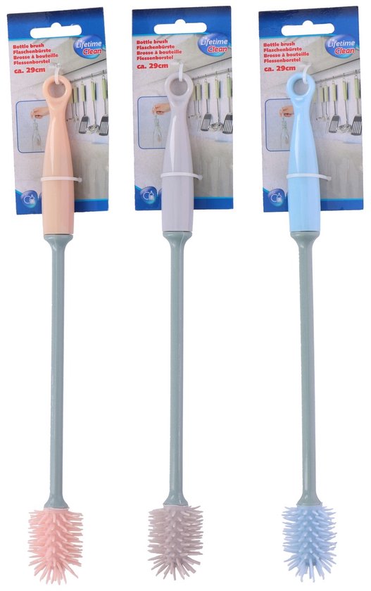 Drie flessenborstels van Lifetime Clean in het roze, lichtpaars en lichtblauw. Lengte ca. 29cm.