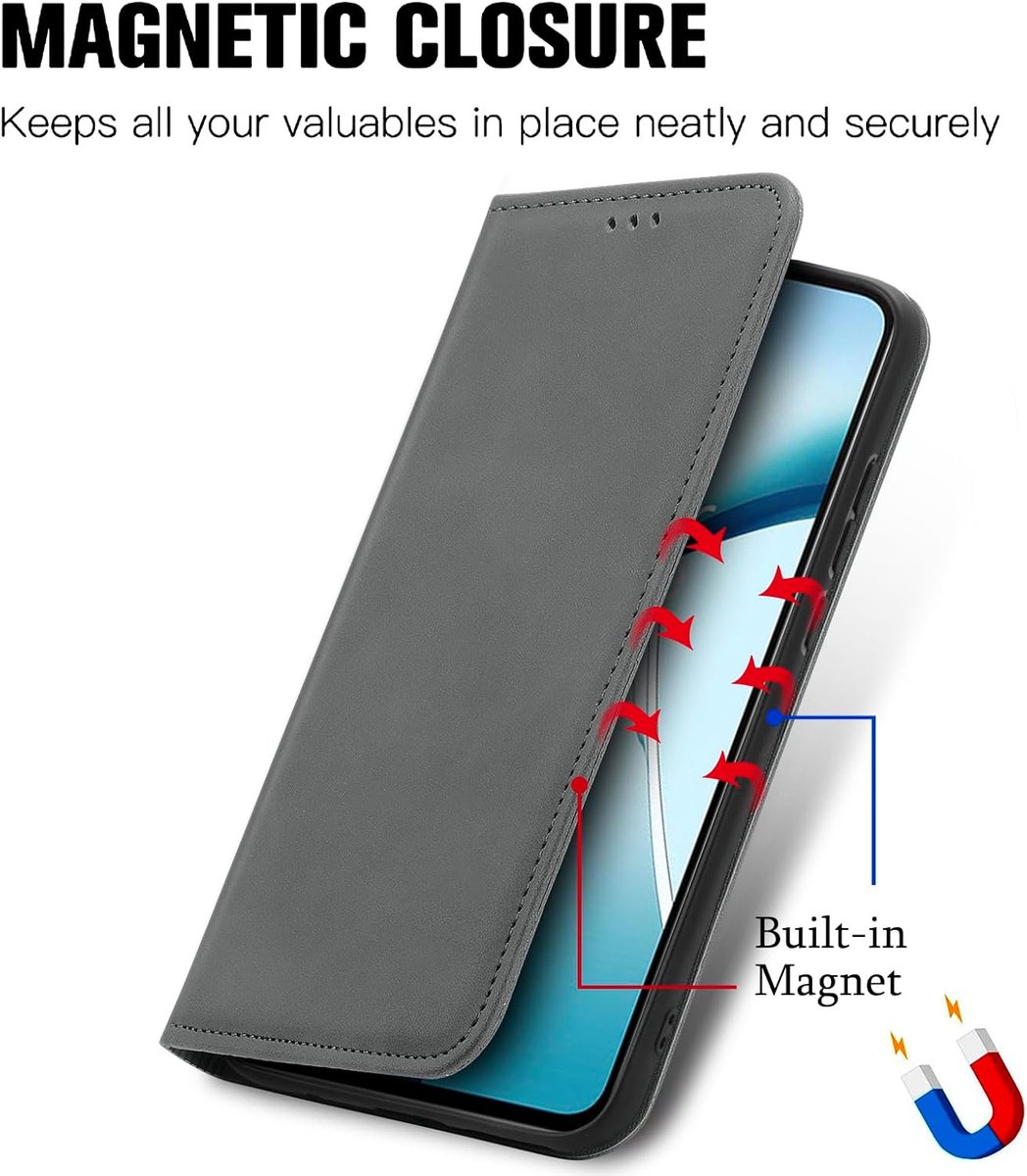 Compatibel voor Fairphone 6 hoesje siliconen lederen flip magnetische sluiting met standaard, kaartsleuf portemonnee schokbestendige bumper cover (grijs)