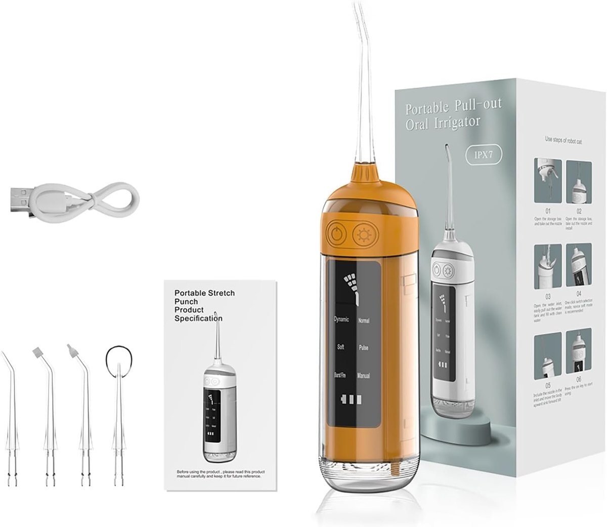 Monddouche met 6 standen, draagbare waterflosser, IPX7 waterdicht, flosdraad, tandenborstel met 4 opzetstukken voor thuis en op reis (Kleur: Oranje)