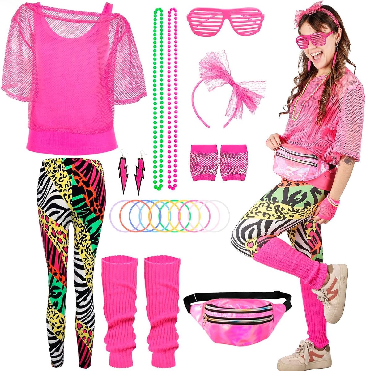 80 outfit dames broek set - 23-delig retro trainingspak jaren 90 kostuum off-shoulder neon netshirt sexy carnaval nettop accessoire T-shirt, vest, broek, hoofdband, oorbel voor carnaval