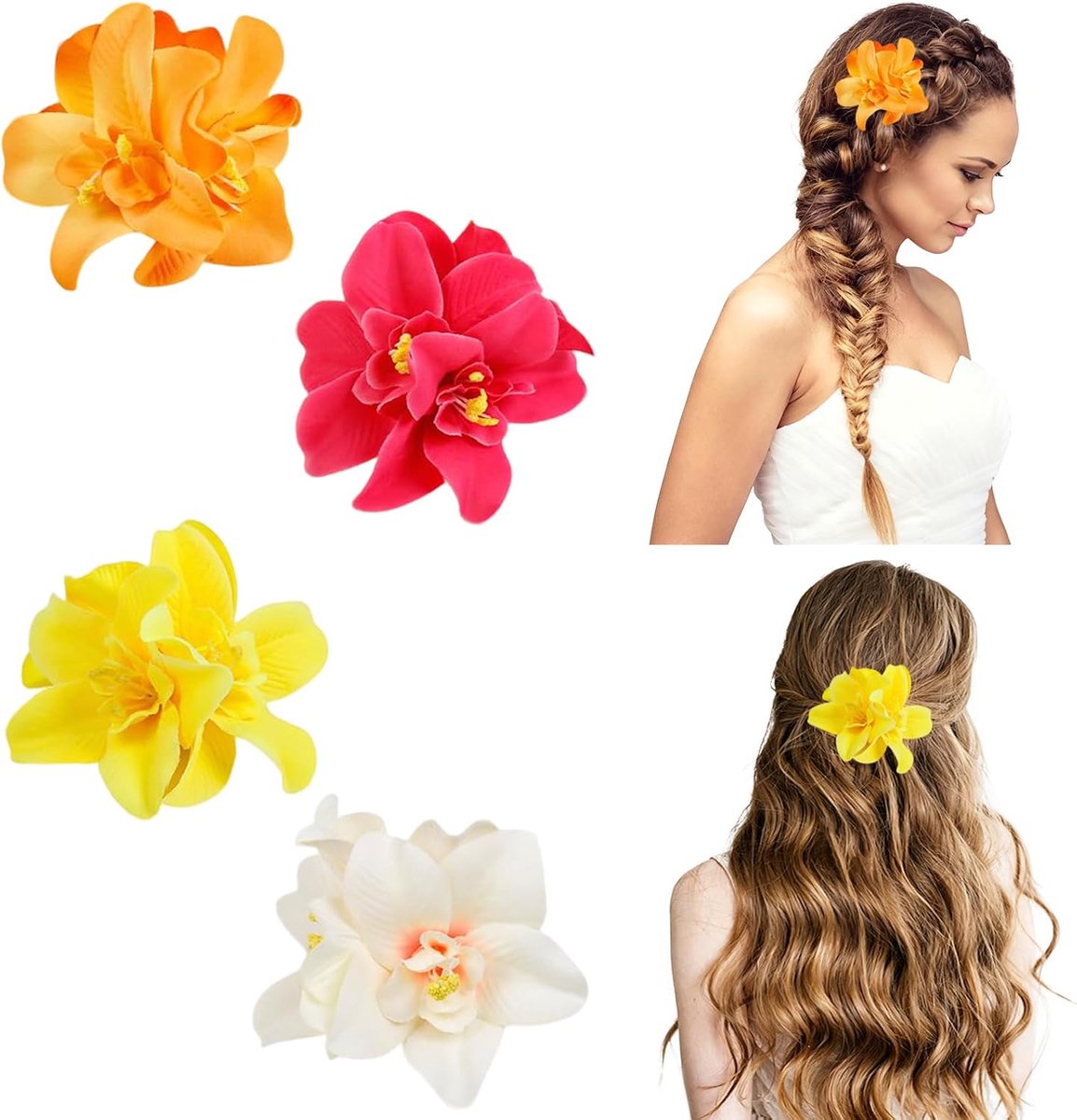 Haarspelden, bloemenhaarspelden, bloemenhaarspelden, Hawaï-haaraccessoires, bloemenhaarspeld, met veelkleurige veren, voor vrouwen en meisjes (B)