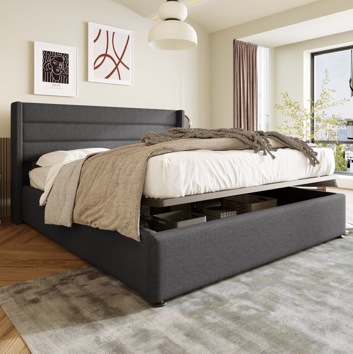 WUVRIE Opbergbed 180x200 cm met hydraulische lattenbodem, gestoffeerd hoofdbord en bedkast, grijs