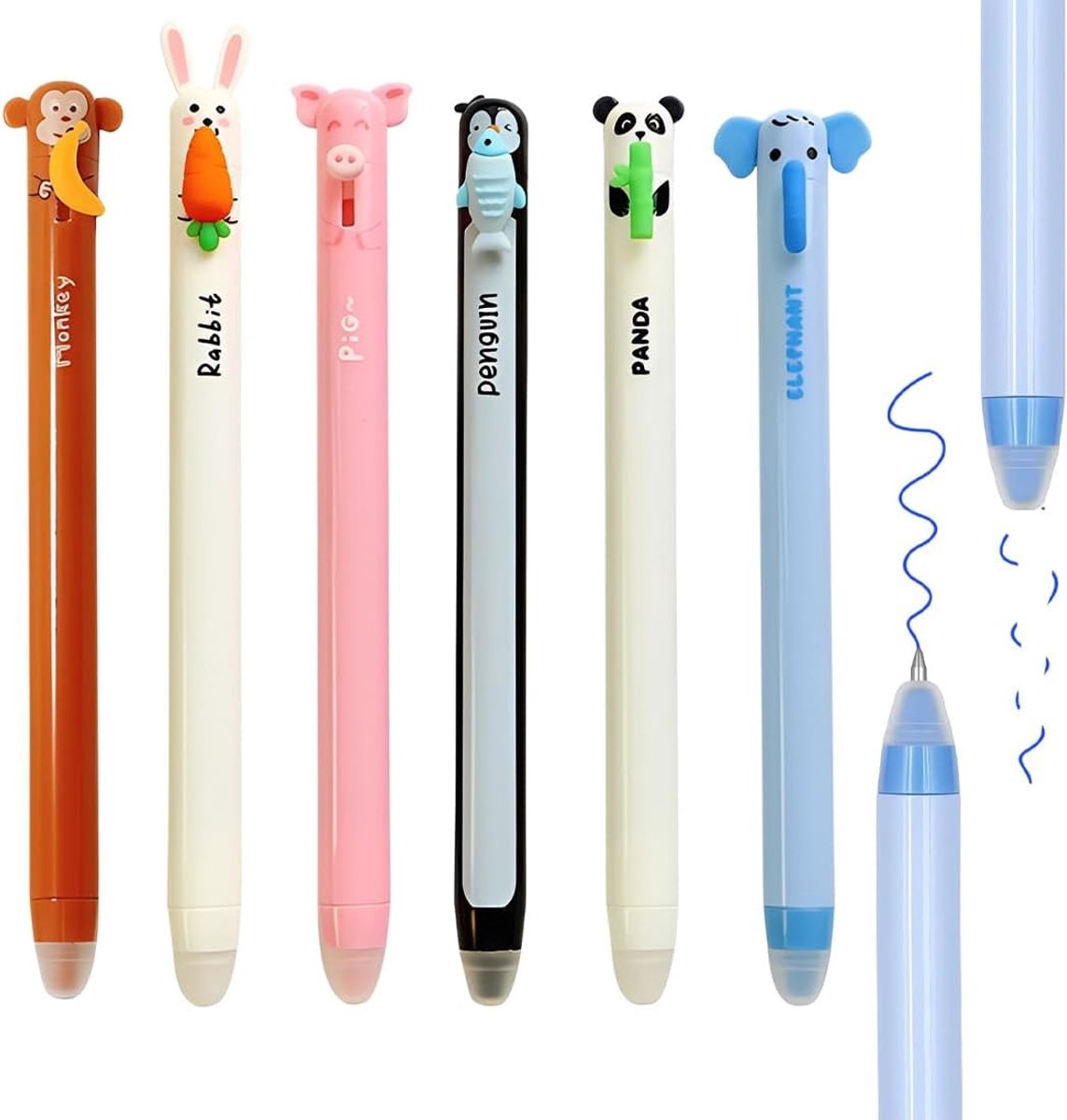 6 uitwisbare balpennen 0,7 mm - gelgummen met warmtegevoelige inkt - schattige dierenfiguurtjes - ShopVlot