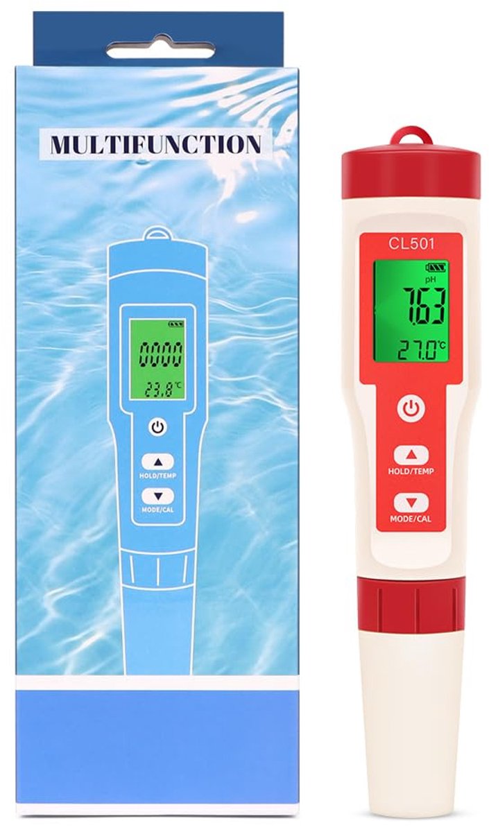 SnelShoppen - pH en Chloor Meter Zwembad - Digitale Water Tester 5-in-1 - Meetwaarden pH, Chloor, ORP, H2 en Temperatuur - Compact en Gebruiksvriendel