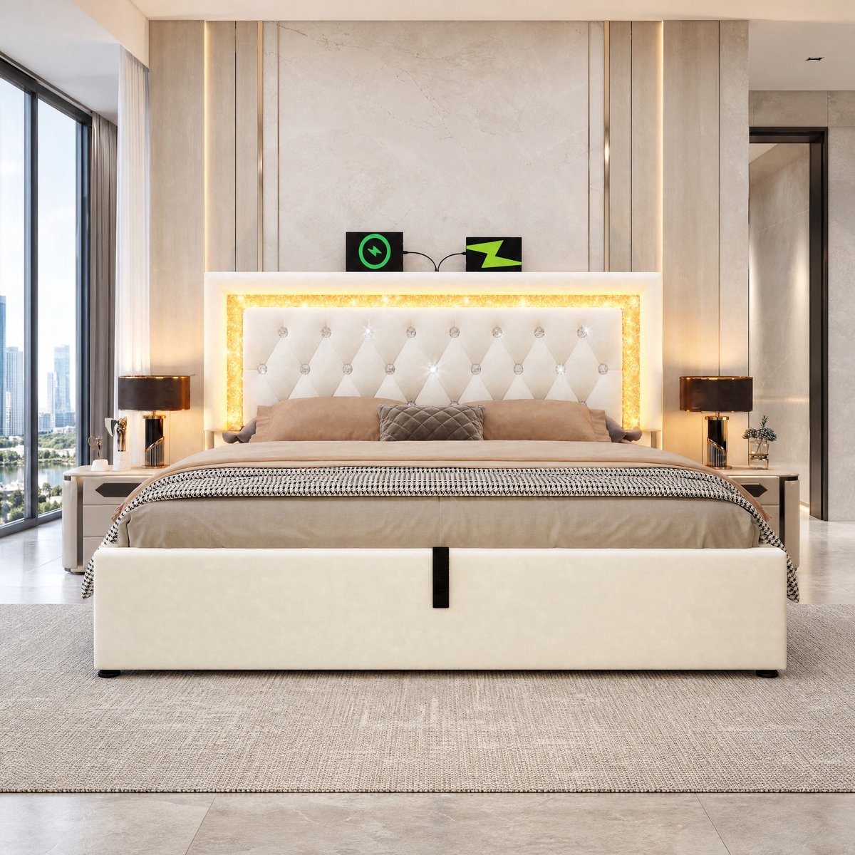 WUVRIE Opbergbed 180x200 cm met LED, USB- en USB-C-aansluitingen, verstelbaar hoofdbord en lattenbodem, beige