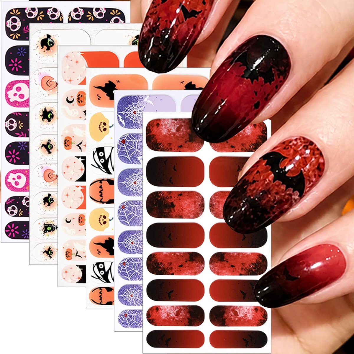 KZQ 6 Stuks Halloween gelnagelstickers - Spinnenweb, schedel, spook, pompoenpatronen - Halloween nagelstickers - Nageldecoraties voor dames - Lichtgevend in het donker - Halloween decoratie - Inclusief nagelvijl - Groep C