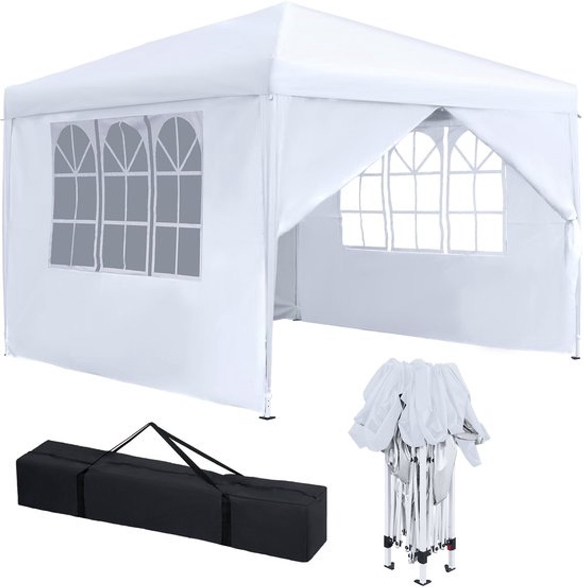 Opvouwbaar tuinpaviljoen 3x3 m met zijwanden - Spatschermend en UV-bestendig - Voor tuinfeest, camping, markt en BBQ, wit