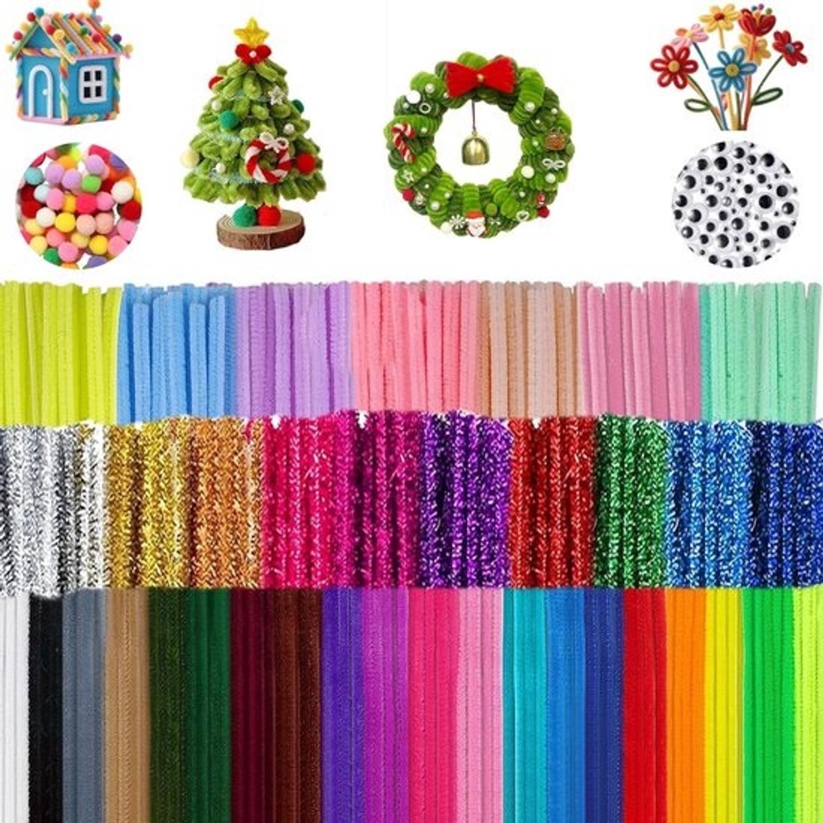 Set van 400 creatieve pijpenragers in 27 kleuren - met pompoms en wiggly ogen