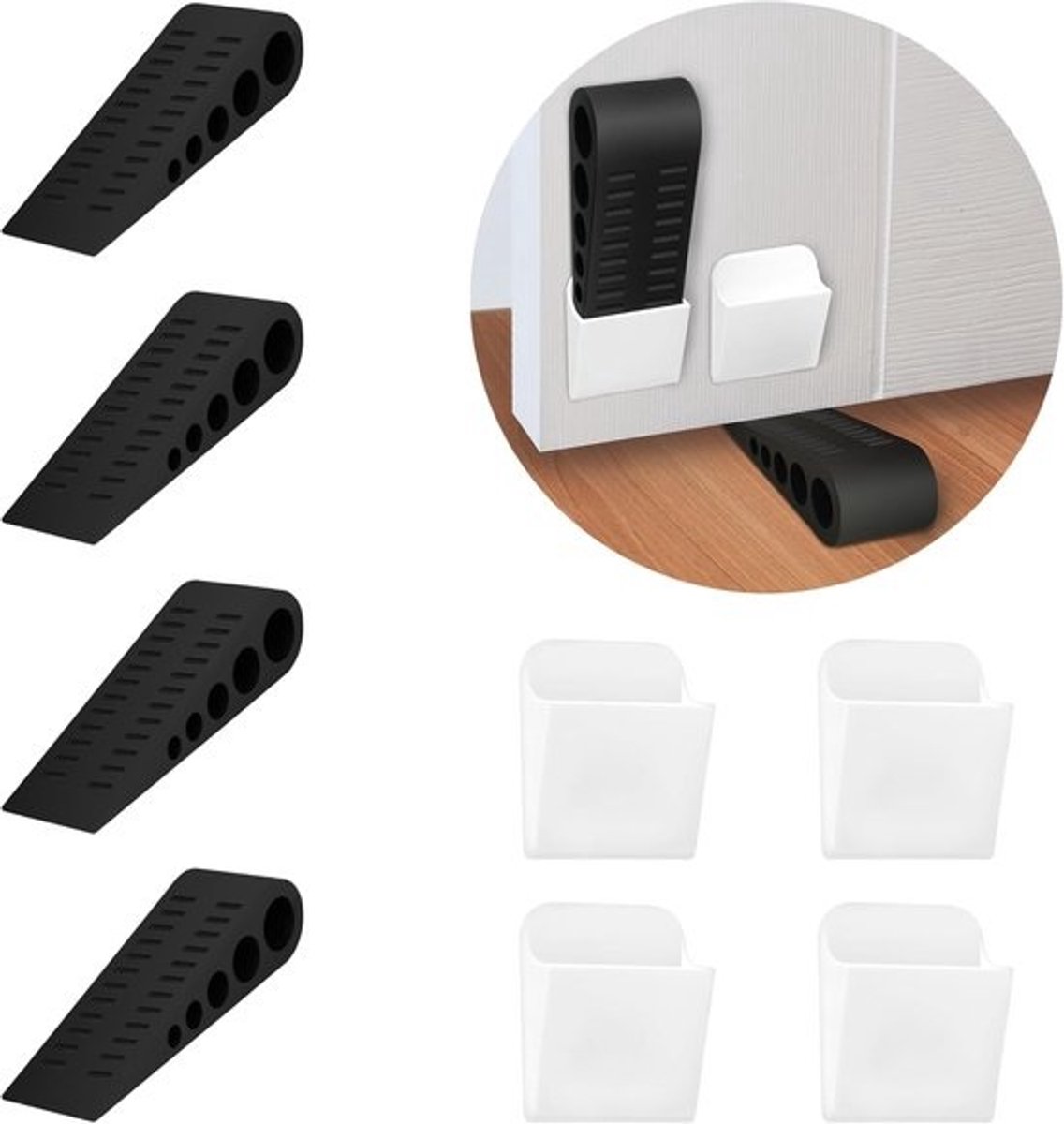 Deurstoppers van rubber - wigvormige hoge deurstoppers - voorkomen dichtslaan van de deur - met opbergvak - geschikt voor tapijt, tegels en hout - 4-pack - zwart