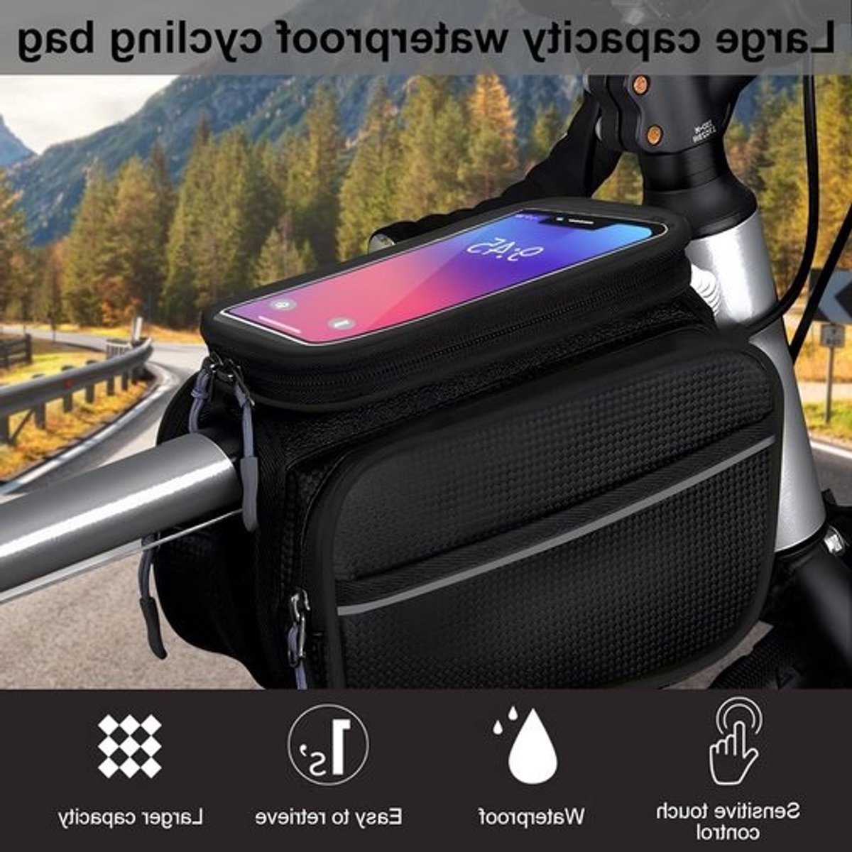 Waterdichte Fiets Tas voor Mobiele Telefoon, Top Tube Tas met Gevoelig Touchscreen en Regenhoes voor Racefietsen en Mountainbikes, Fietsaccessoires