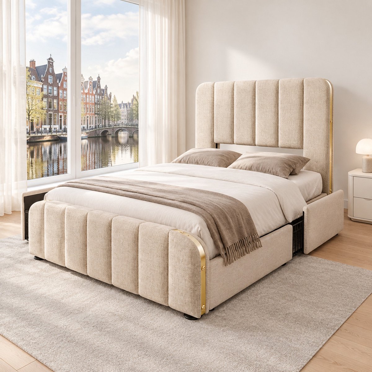 WUVRIE Gestoffeerd eenpersoonsbed 90x200 cm met 4 lades, USB-C, lattenbodem en matras, beige