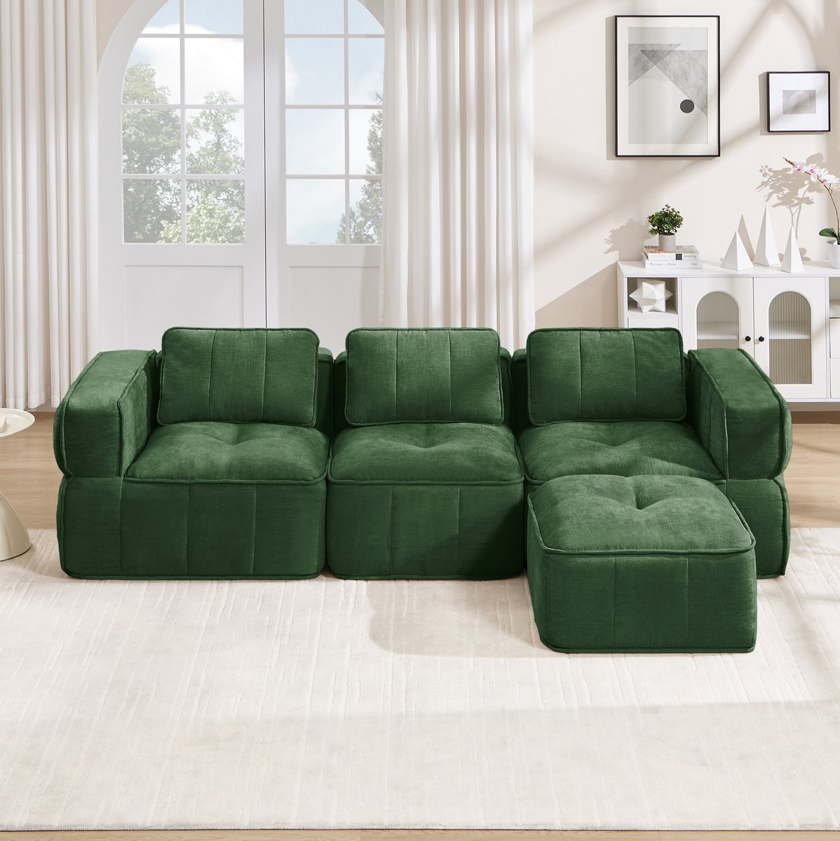 MODFU Hoekbank - 3-Zits - L-Vormig - Modulair - Met Hocker - 32D Schuim - Polyester - Groen