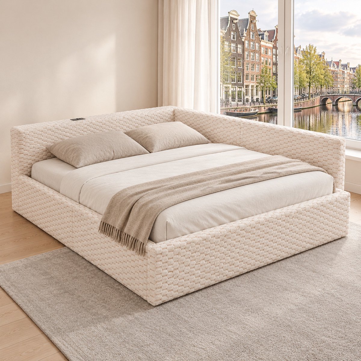 WUVRIE Gestoffeerd bed 140x200 cm met zachte L-vormige rugleuning, LED, USB/Type-C en hydraulische opbergruimte, beige
