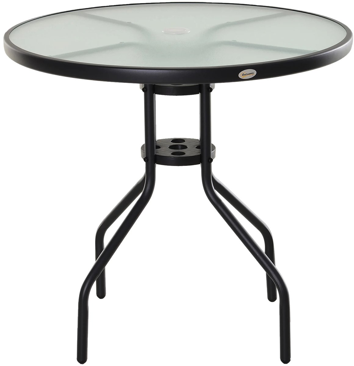 DayeLabel Ronde Tuintafel – Ø80 cm – Gehard Glas – Met Parasolgat Ø4,4 cm – Stalen Frame – Bijzettafel - Tuin & Terras – Zwart