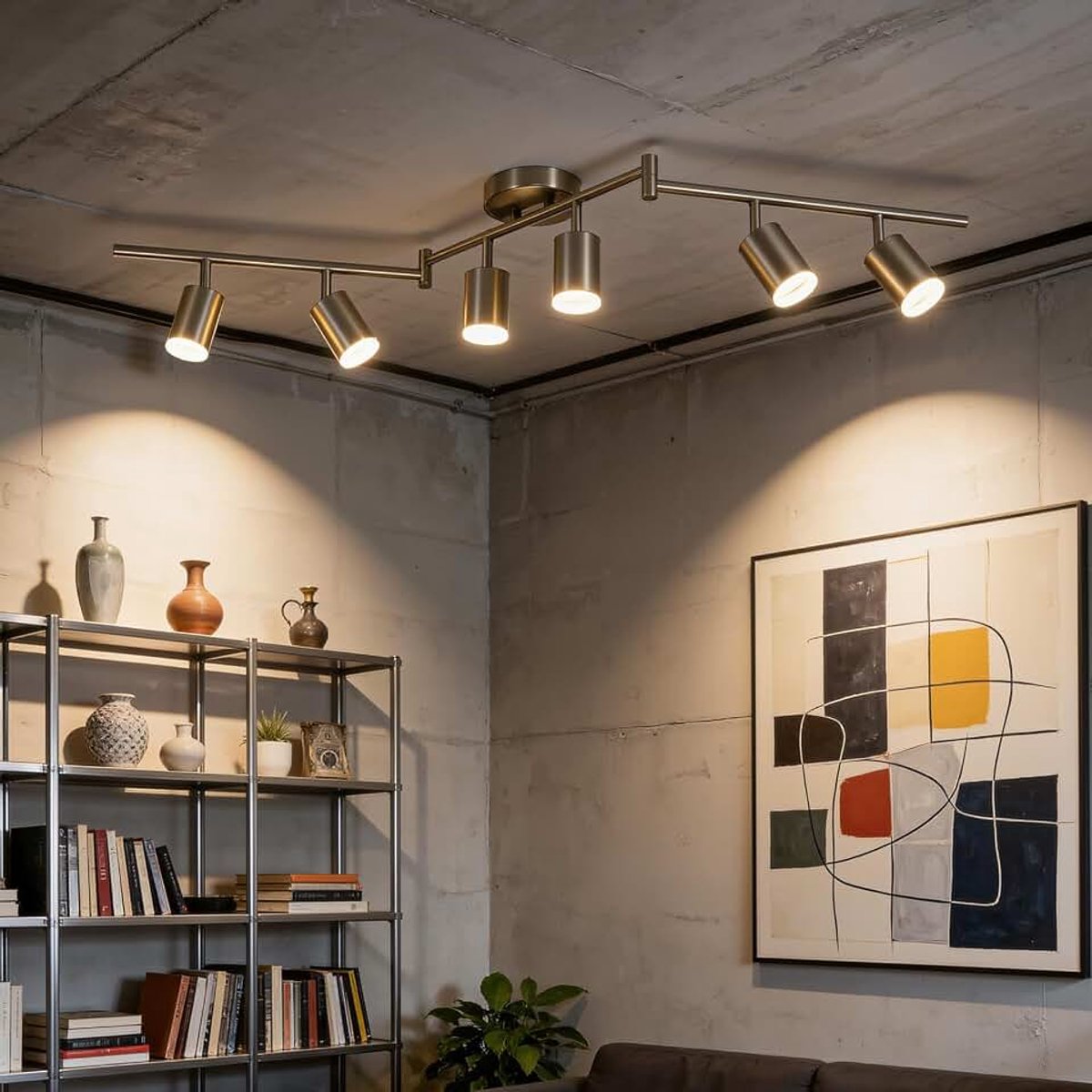 Nikkel, led-plafondlamp, 6 spots, keuken, draaibaar, nauwkeurige verlichting, kroonluchter, GU10, lange lamp, leuning, spot op rail voor binnen, woonkamer, kantoor, slaapkamer, zonder lampen