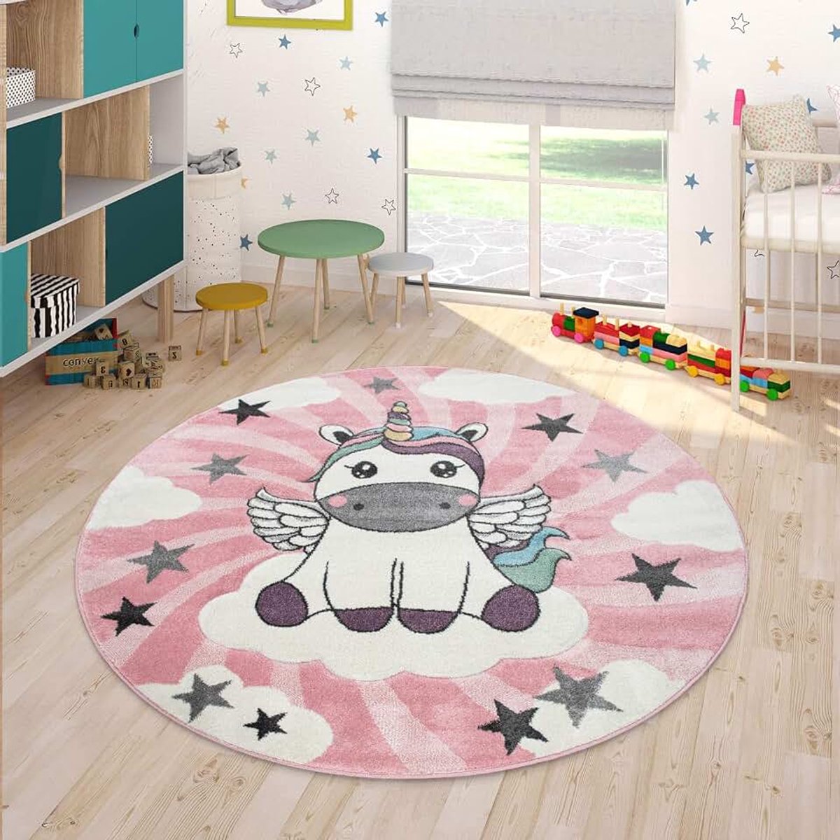 Kinderkamer Meisjes Modern Eenhoorn Op Wolken In Roze/Lila, Maat:Ø 200 cm rondje